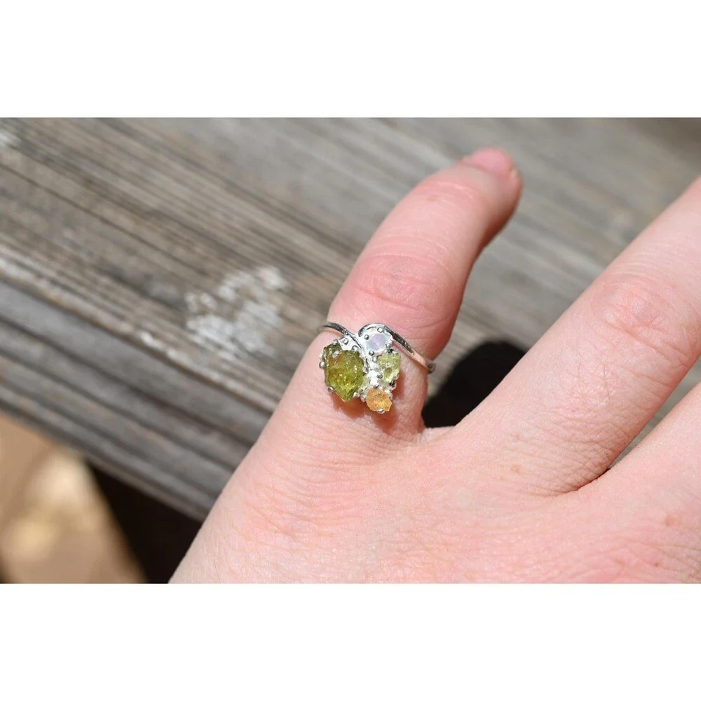 Engagement ring Peridot, Opal & Yellow Montana Sapphire Ring in Sterling Silver